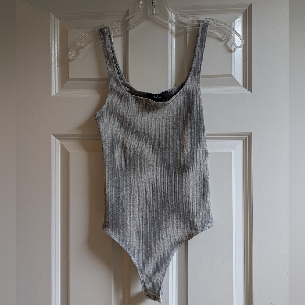 Gray Ribbed Square Neck Bodysuit - Picture 4 of 6